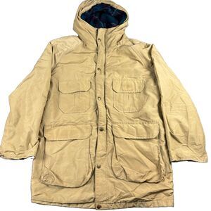 Vintage Woolrich Mountain Parka M Tan Cotton Nylon Hooded Wool Plaid Lined USA